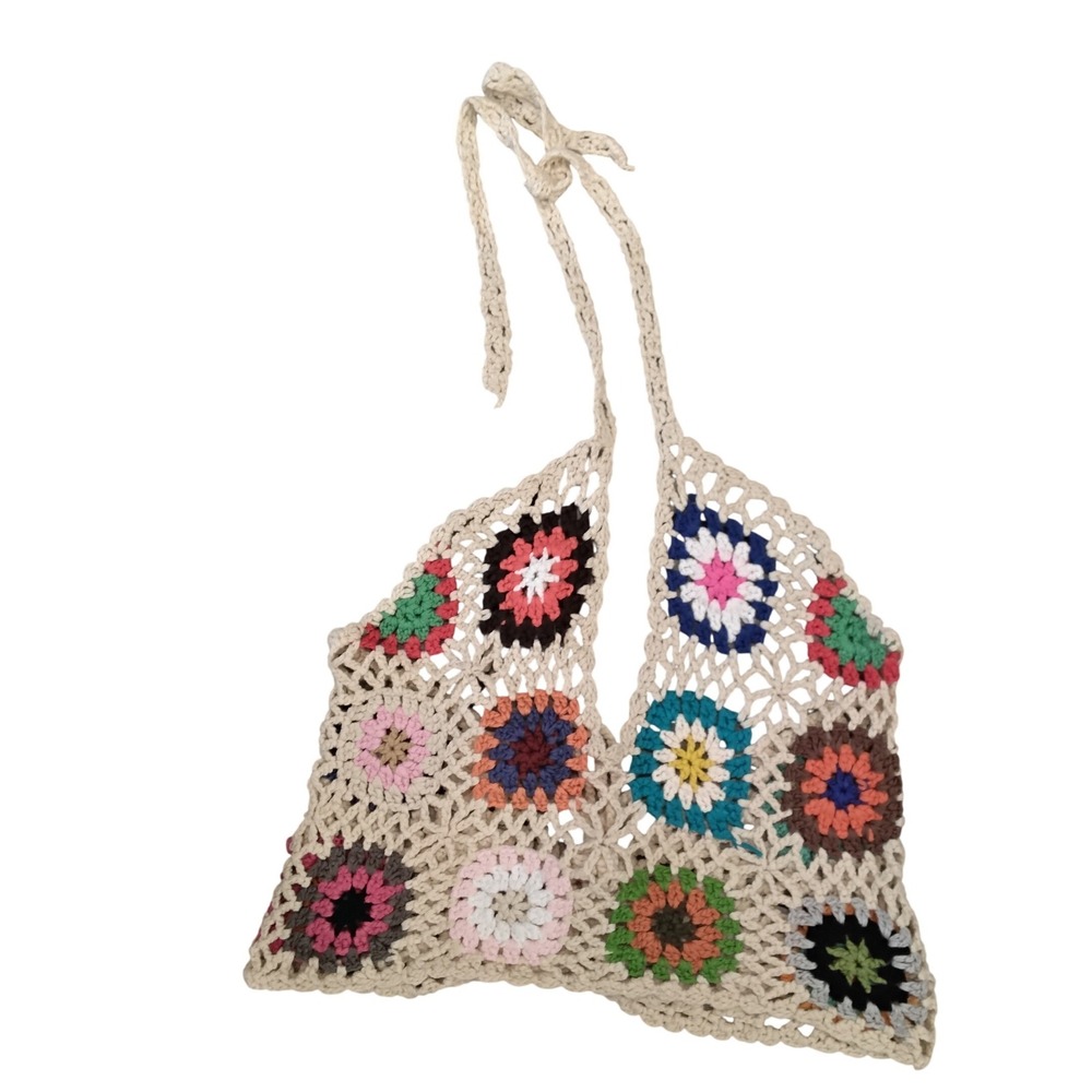 CUPSHE x Jojo Fletcher Crochet Granny Square Halter Top Cream Multi Size L NEW